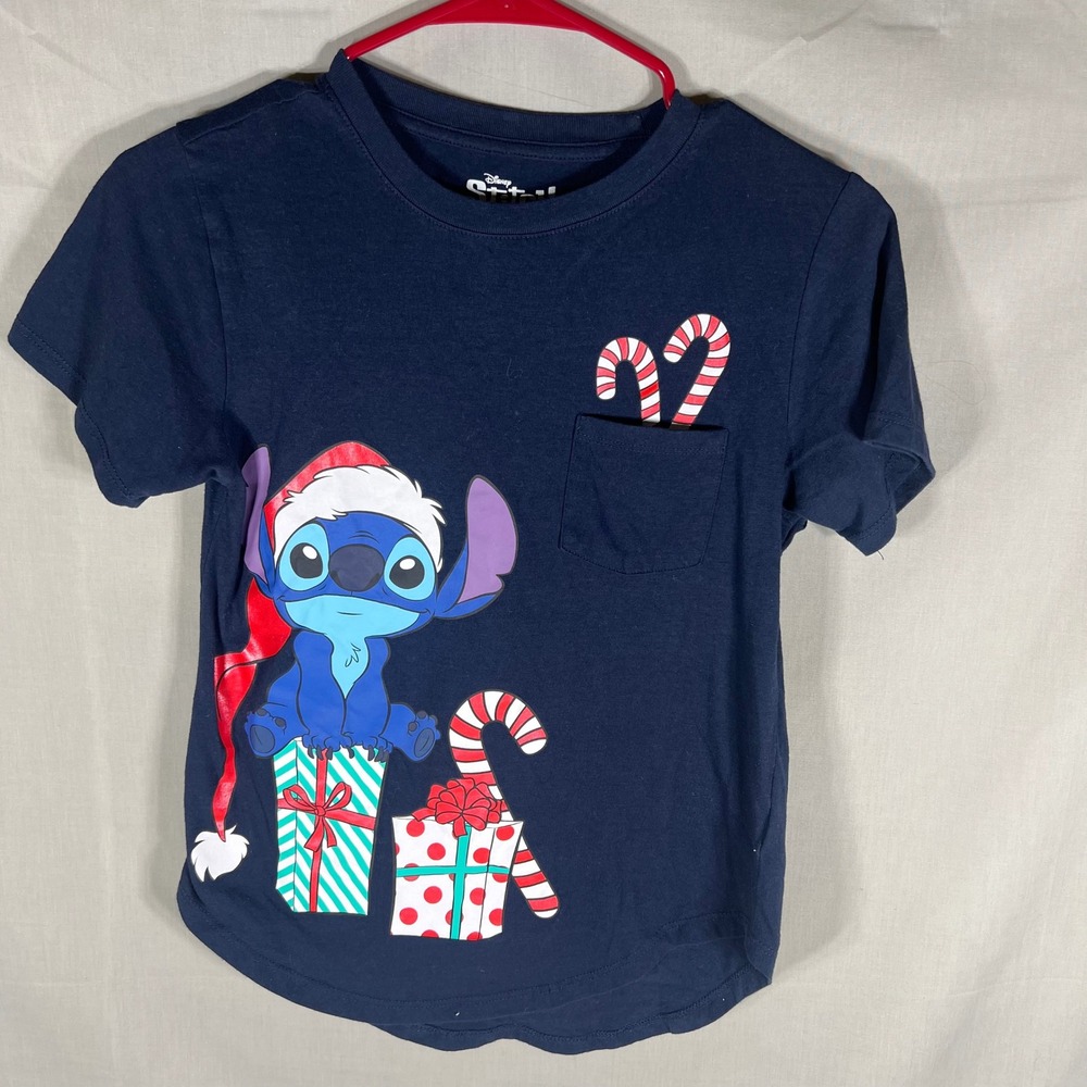 Disney Stitch T-Shirt Christmas Holiday Navy Blue Girls XS Festive Ohana